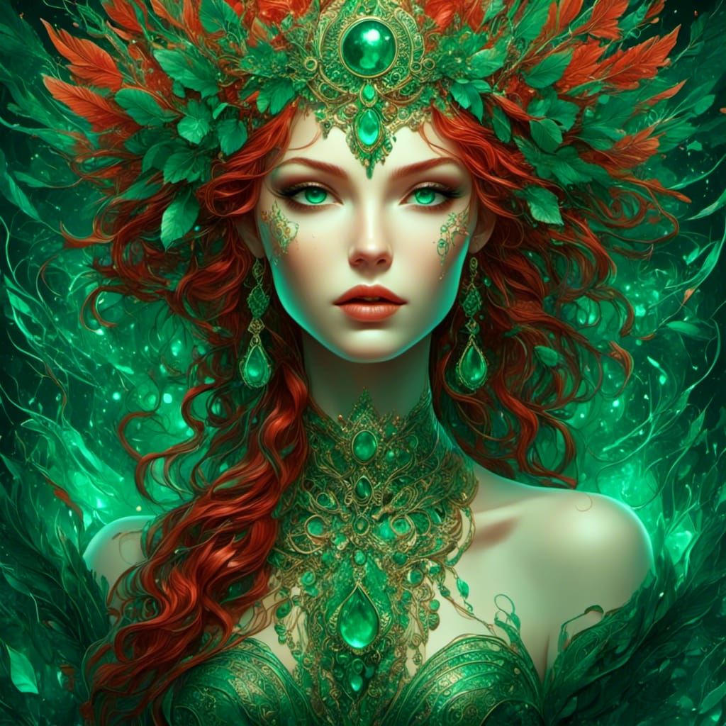 Emerald-Eyed Beauty with Emeralds in Red Hair