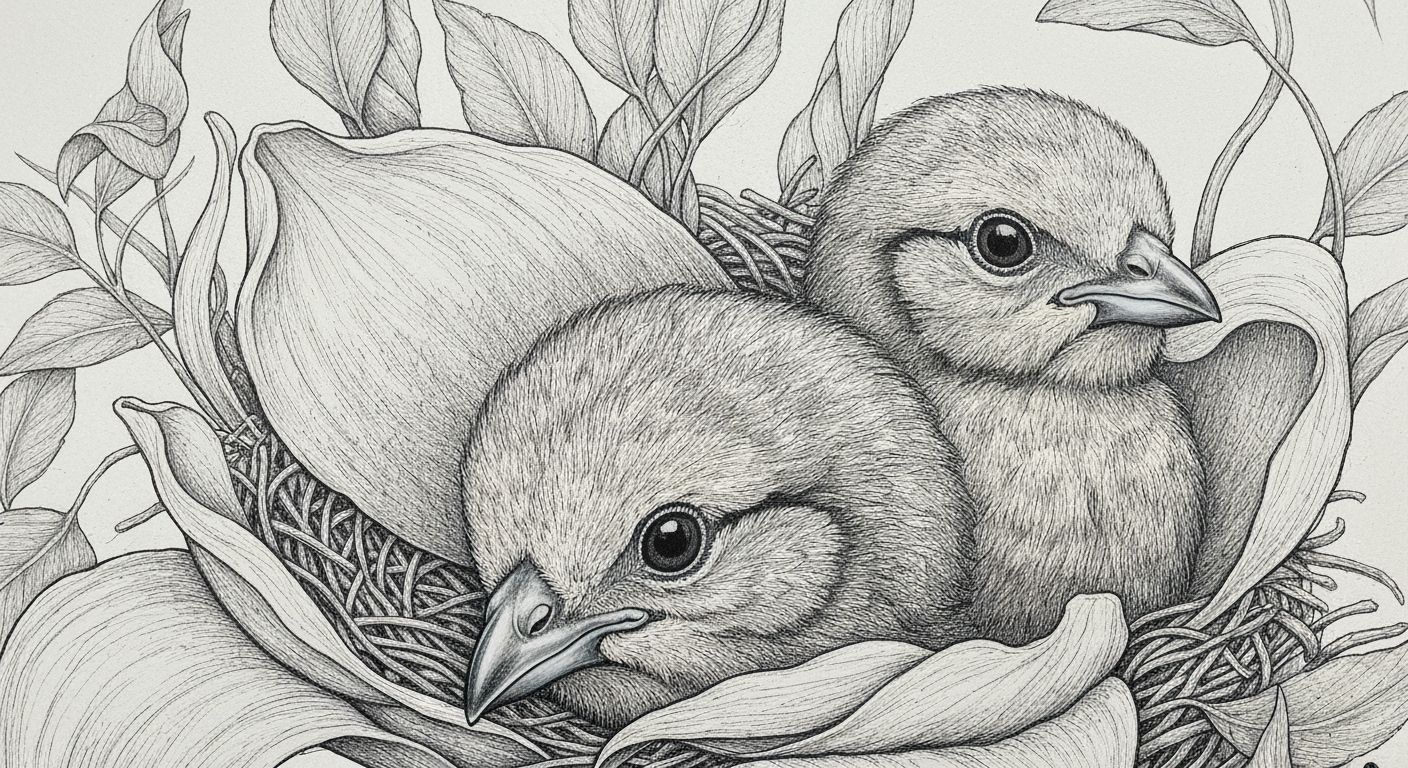 Detailed Painting of Chicks in Nest on Petals