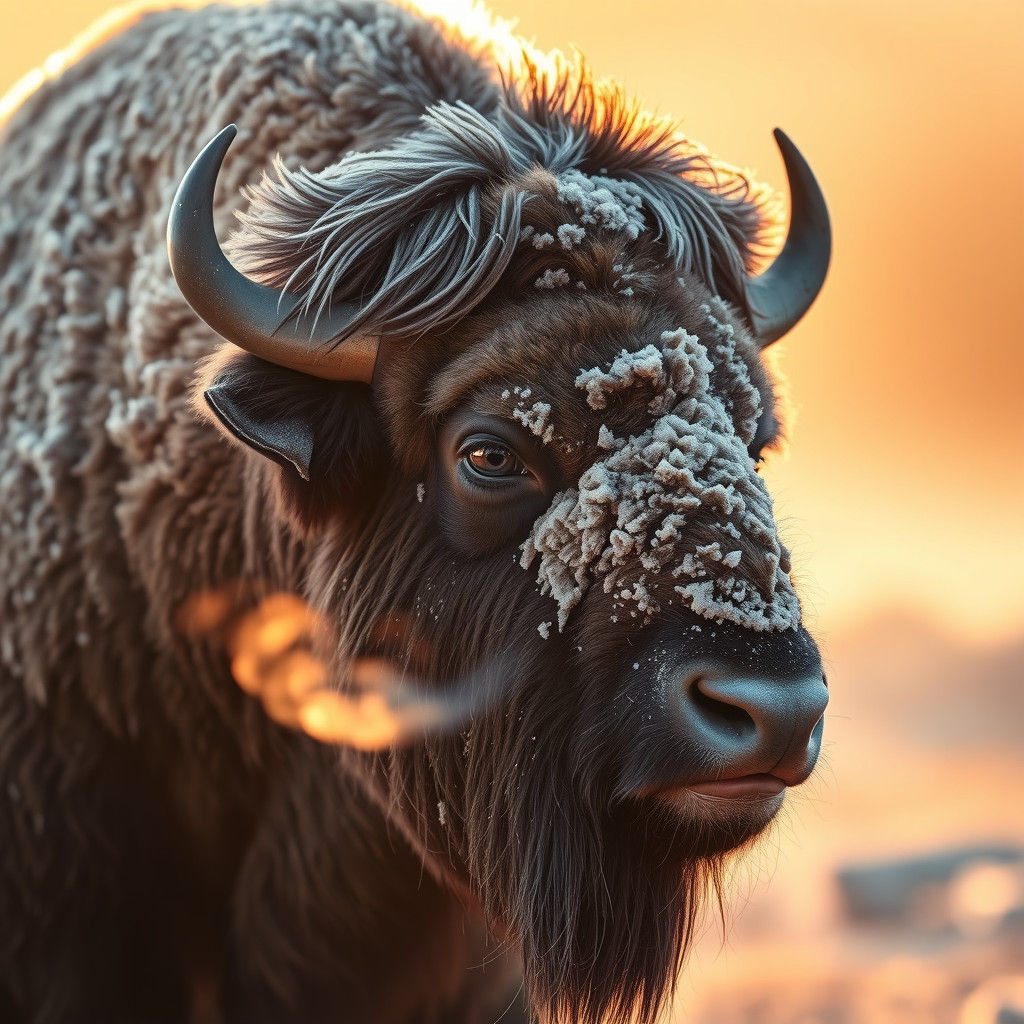 Bison in Frost: Bokeh Portrait in Golden Light