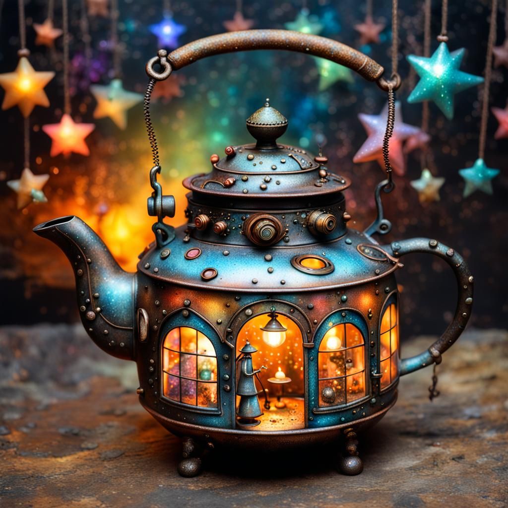 Surreal Steampunk Teapot Teahouse with Sparkling Lights
