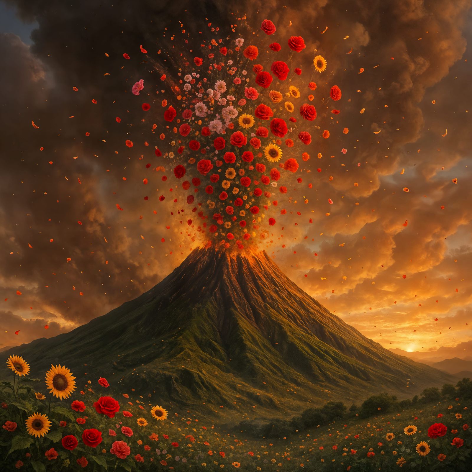 Volcano Erupts with Blossoms in Epic Fantasy Scene