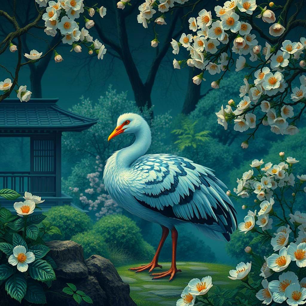 Peacock in Cherry Blossoms, Japanese Landscape