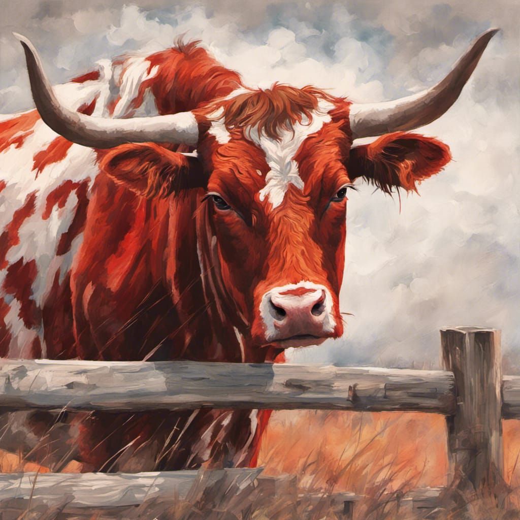 Red and White Steer in Gouache Style