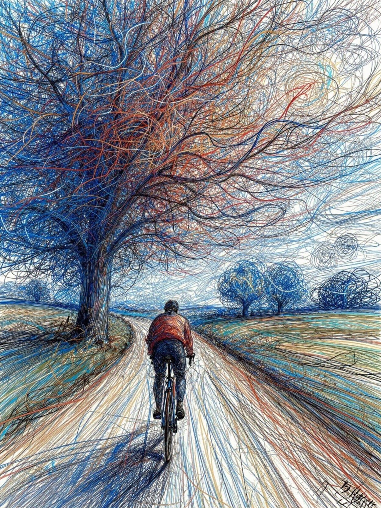 Line Art Cyclist on Country Road in Abstract Landscape