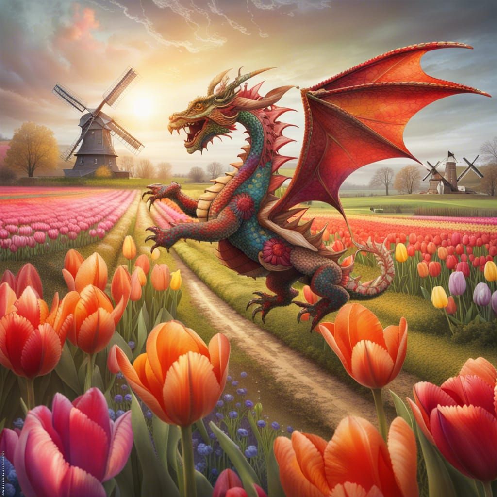 Welsh Dragon Flight Over Dutch Tulips in Detailed Style