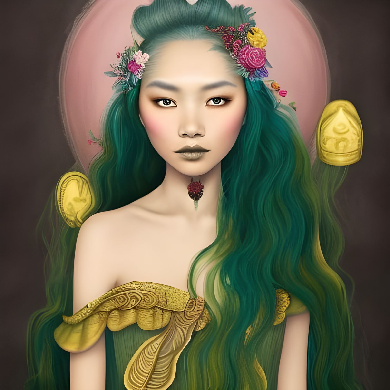 Fantasy Painting of Hmong Woman with Green Hair