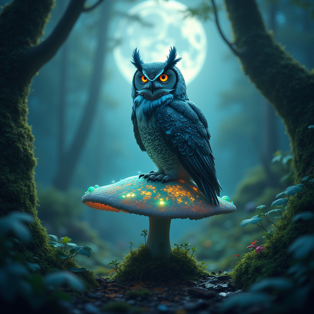 Owl Familiar on Glowing Mushroom in Mystical Forest