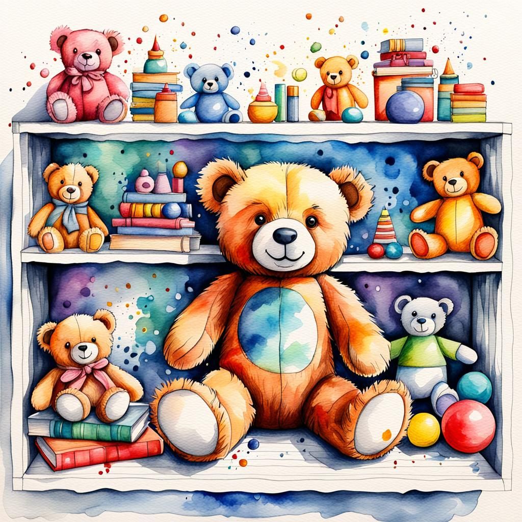 Watercolor Teddy Bear Sketch on Toy Shelf in 3D
