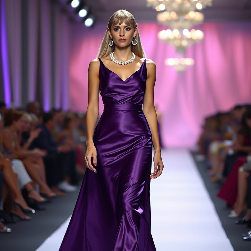 Elegant Brunette in Purple Satin Gown Struts Down Runway in ...