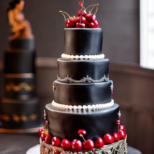 Black Victorian Wedding Cake with Red Cherries