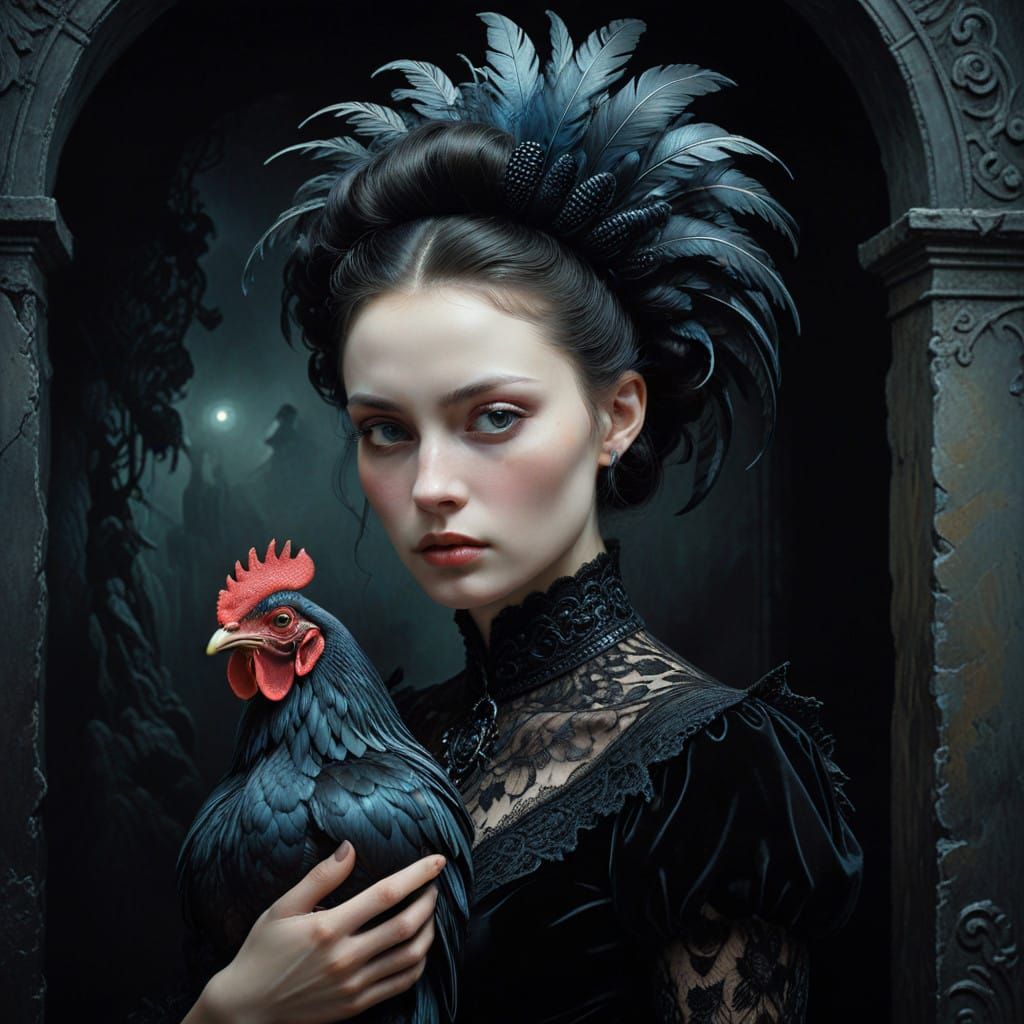 Surrealist Dark Goddess with Chicken in Gothic Velvet Attire