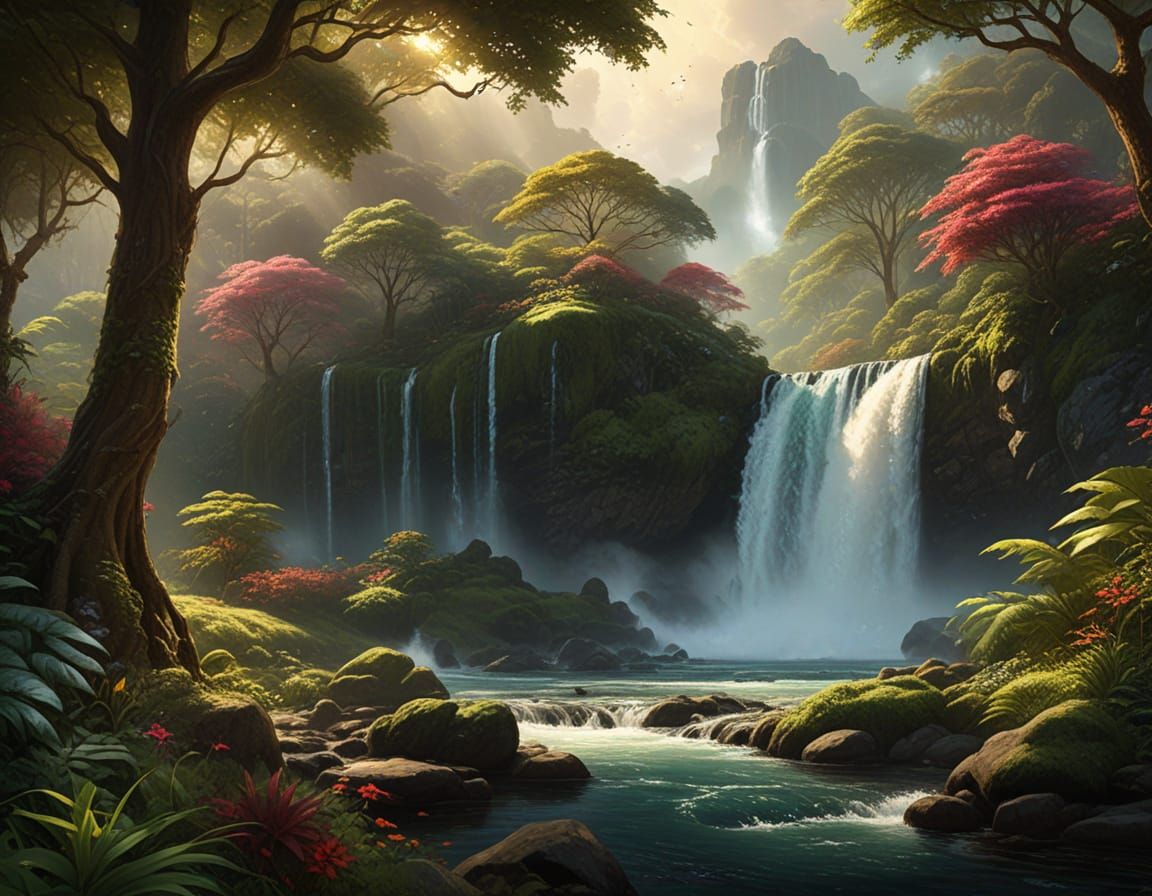 Lush Rainforest with Towering Trees and Waterfalls