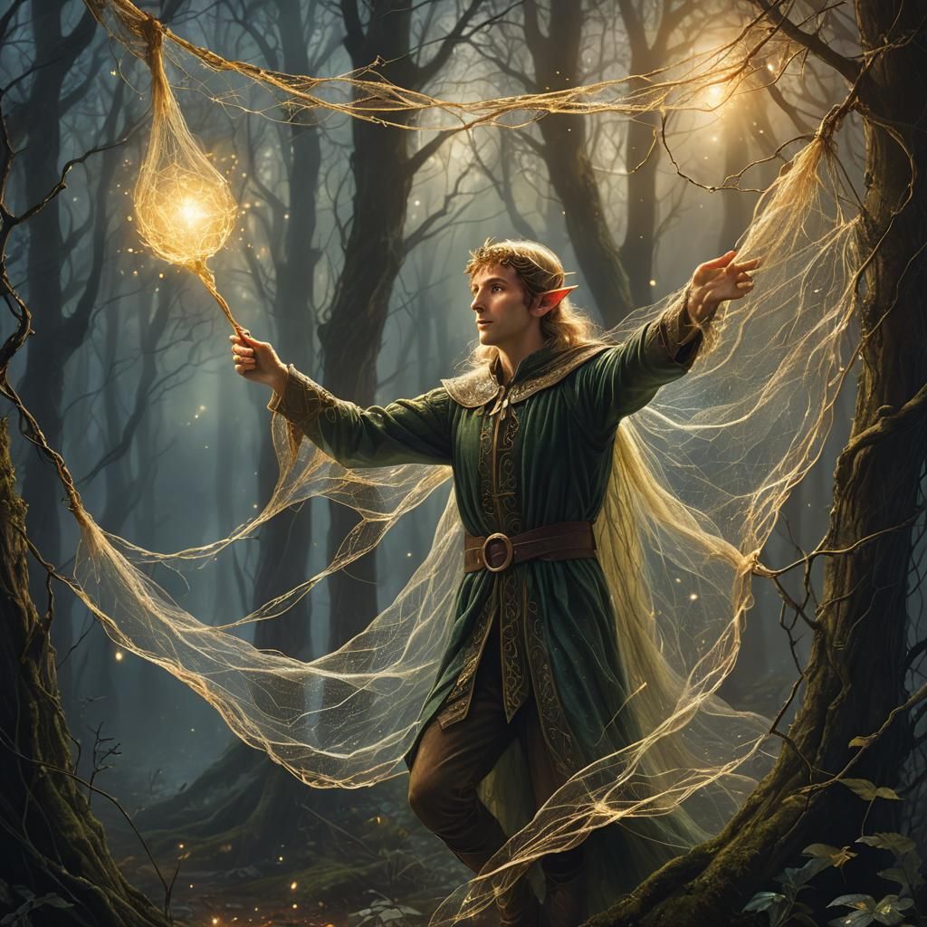 Elf Throws Glowing Net in Misty Forest: Fantasy Art