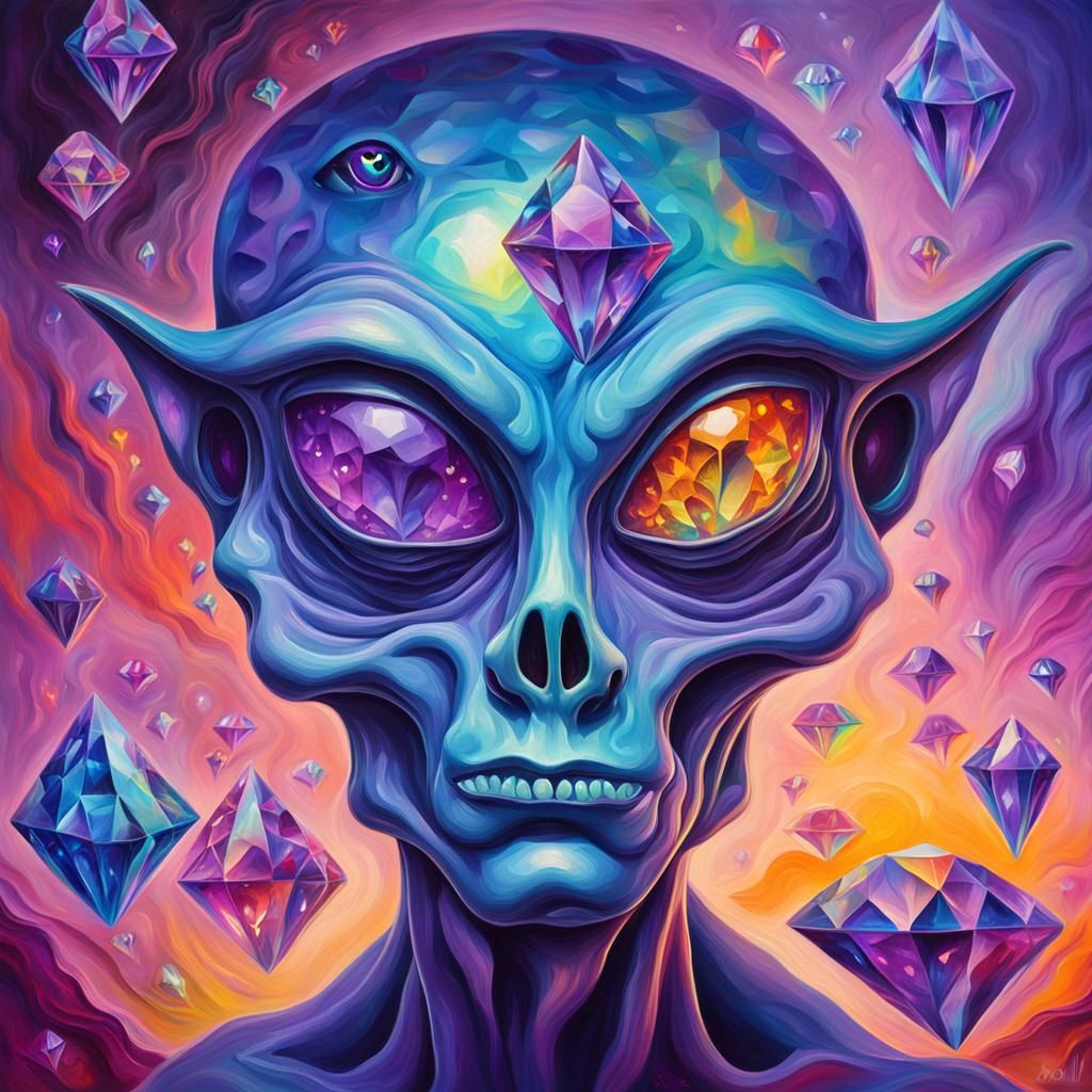 Psychedelic Alien Holding Diamond Gems: Fauvist Oil Painting