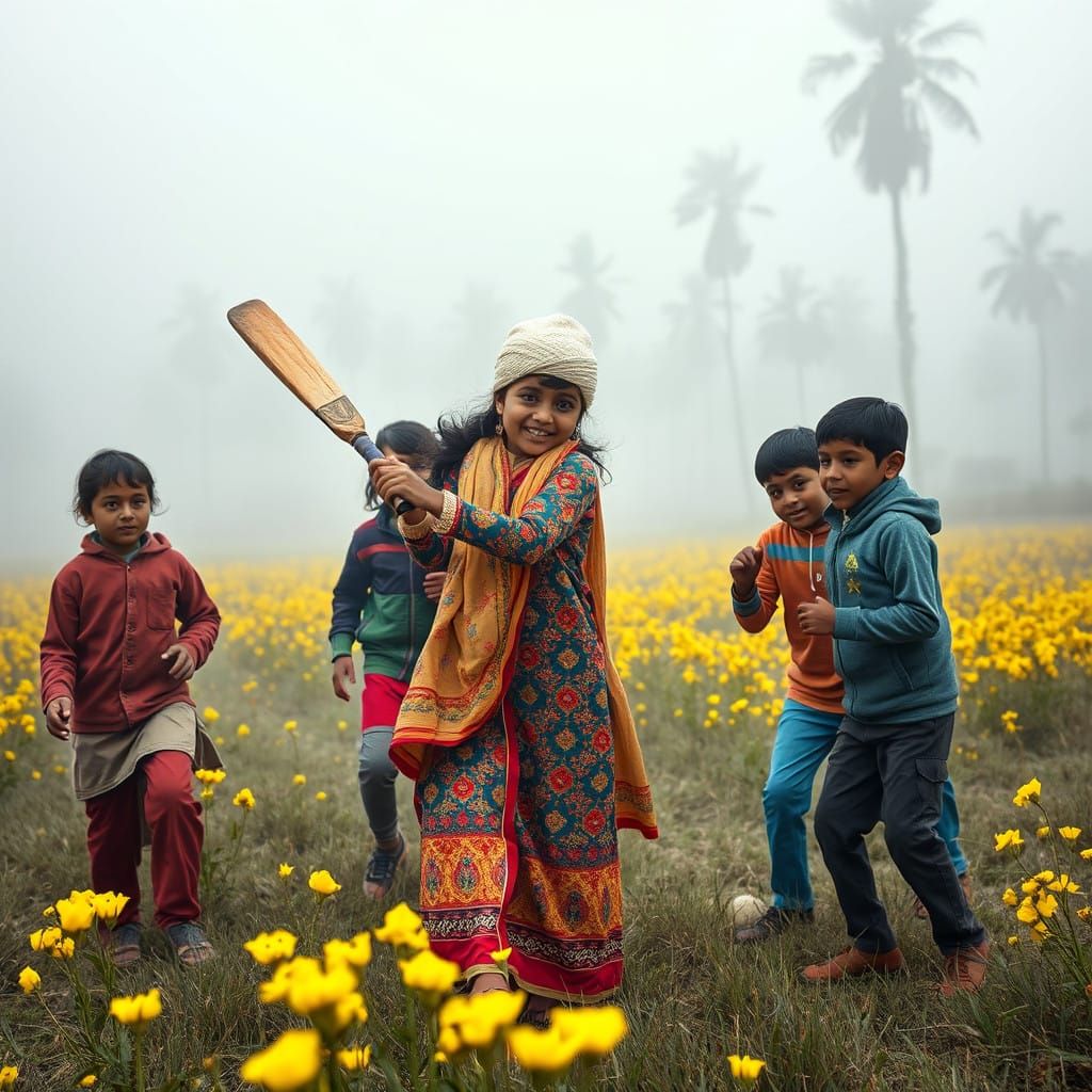 Bangladeshi Girl Plays Cricket in Foggy Village Field