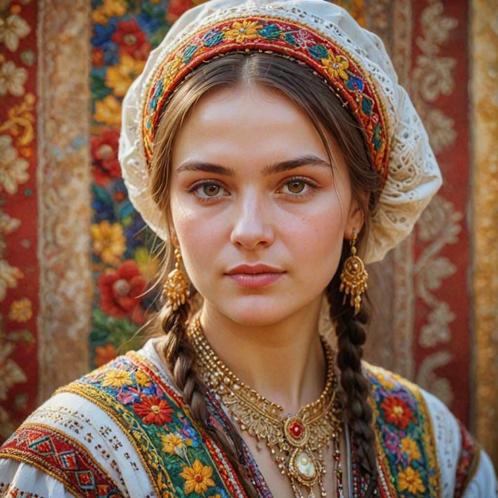 Ukrainian Woman in Traditional Dress: Impressionist Oil Pain...