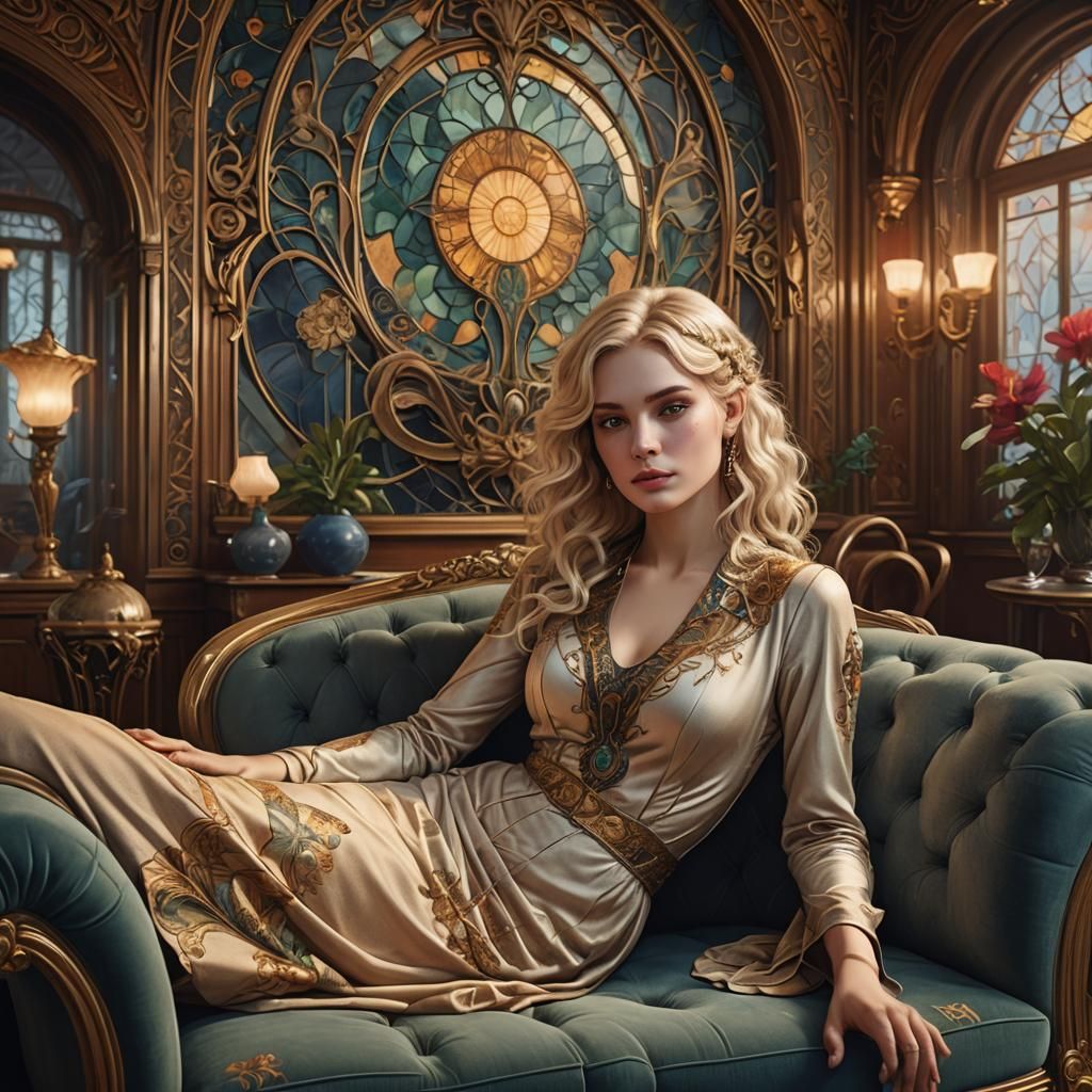 Art Nouveau Girl in Ambient Light, Matte Painting