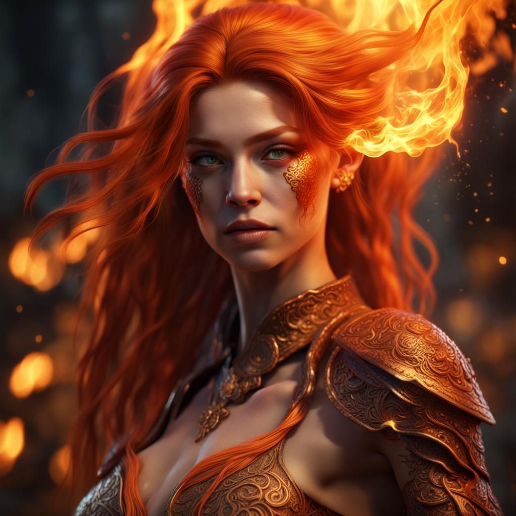 Fiery Woman with Orange Skin, Fantasy Concept Art
