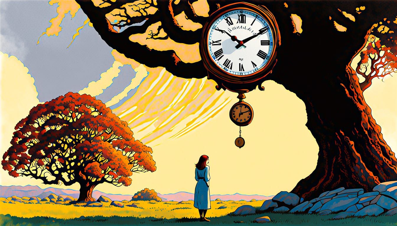 Woman Weeping Before Clock in Gouache Watercolor Style