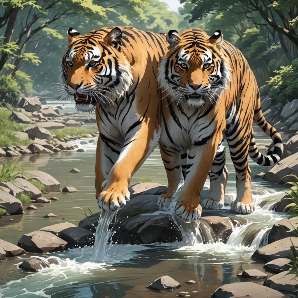Tiger by River in Anime Style