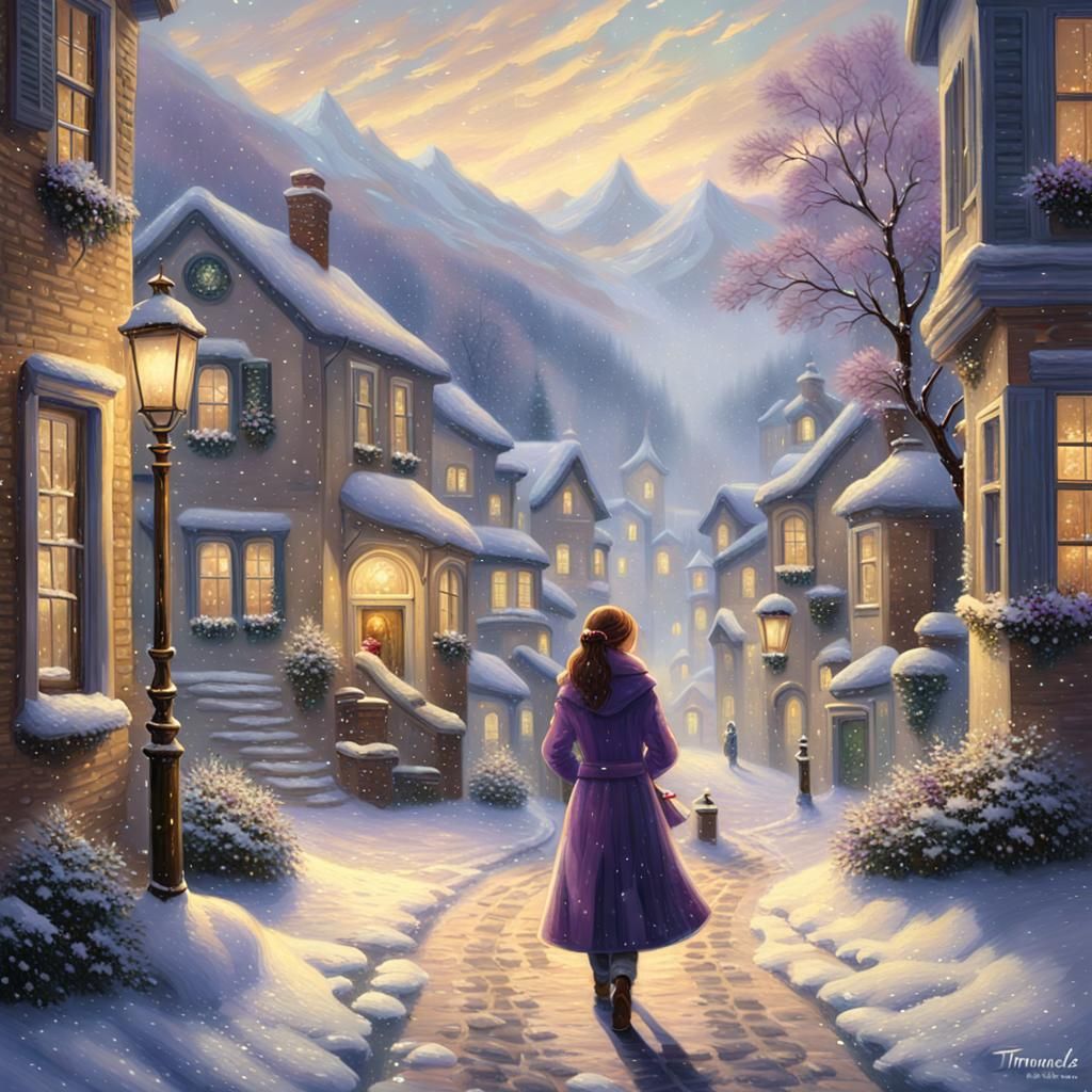 Snowy Village Street Scene in Oil Painting Style