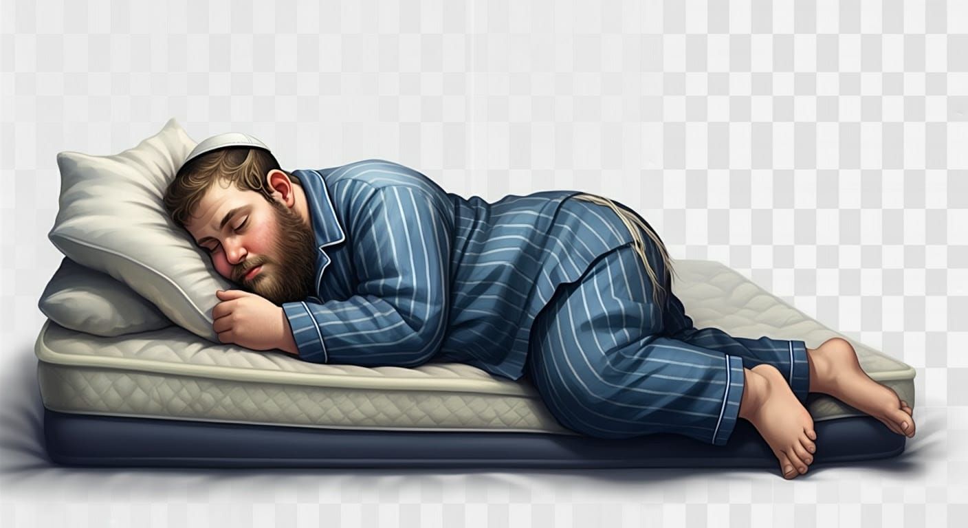 Relaxed Hasidic Man in Striped Pajamas Lying on Air Mattress