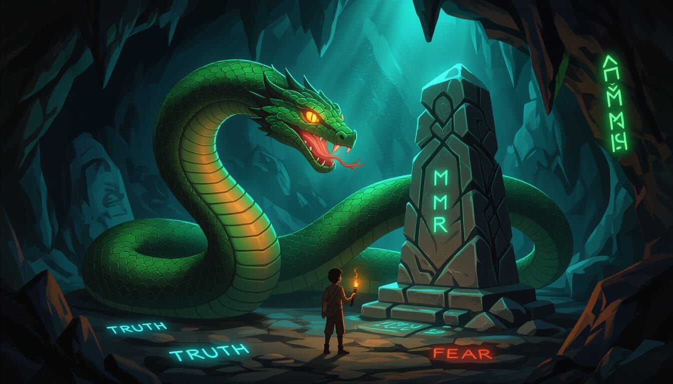 Mystical Cave Serpent Confronts Trekker in Dramatic Fantasy ...