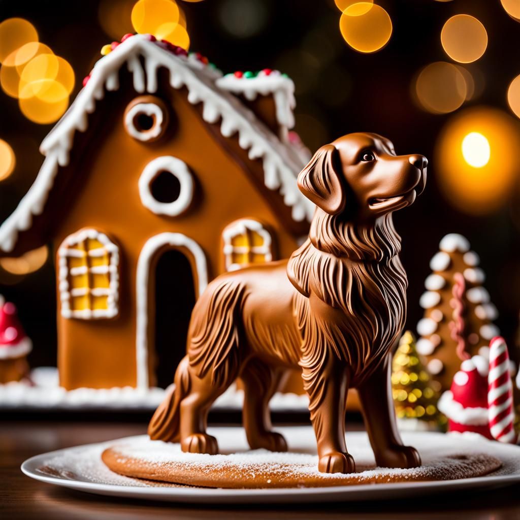 Detailed Chocolate Dog Sculpture Beside Gingerbread House