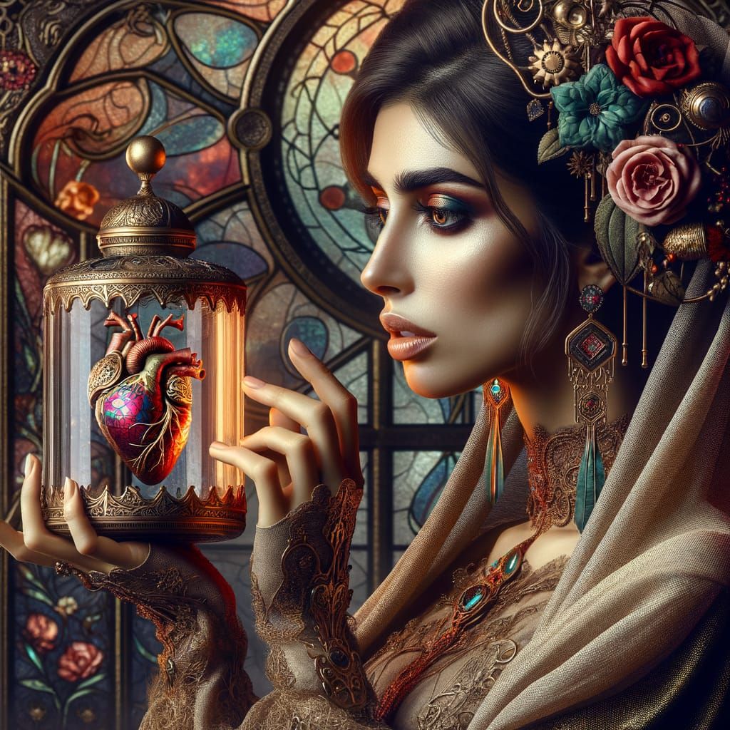 Woman Observes Heart in Steampunk Art Nouveau Bottle