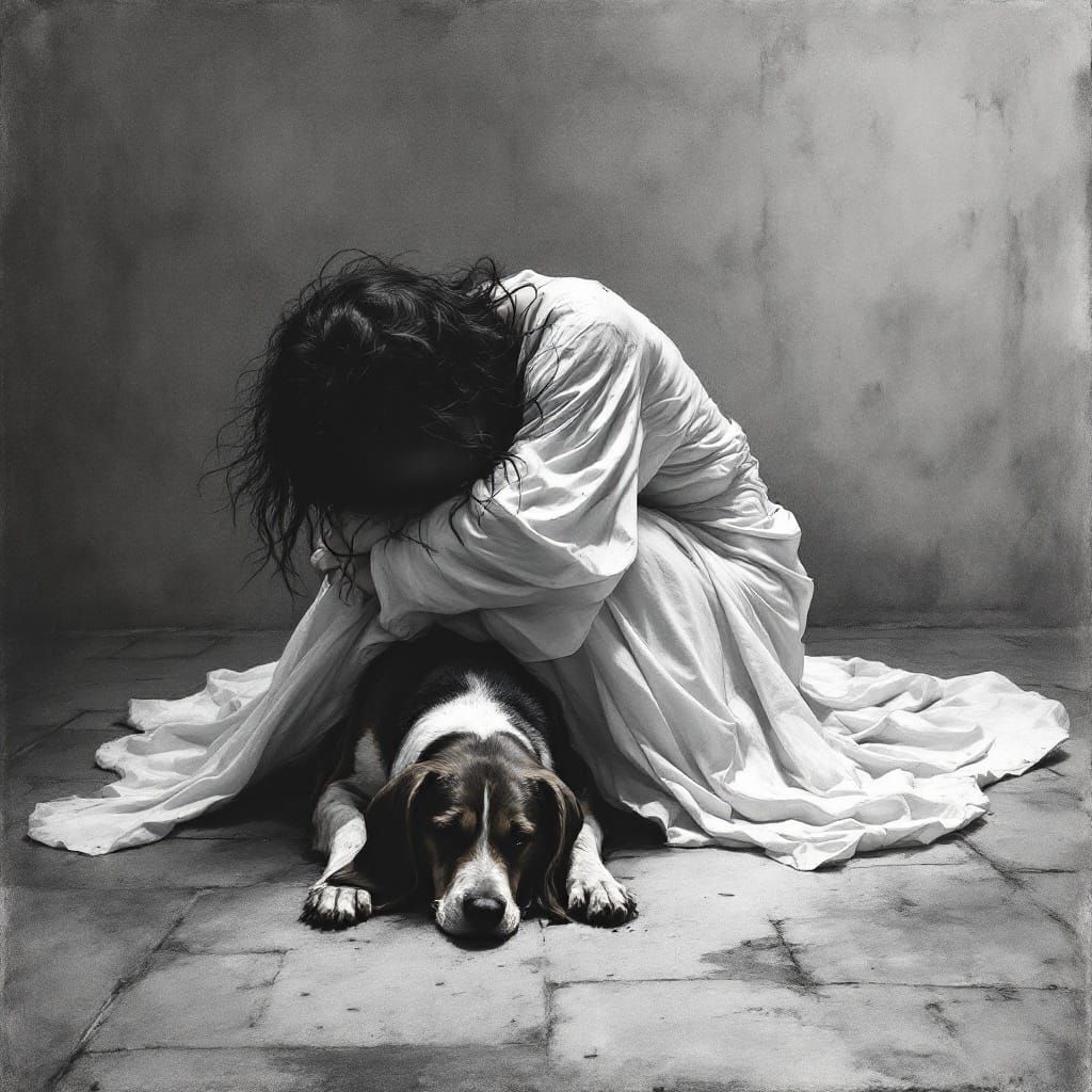 A Woman in Mourning, Comforted by Her Loyal Companion