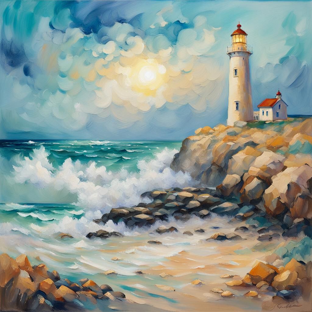 Seascape Lighthouse Painting in Impressionist Style