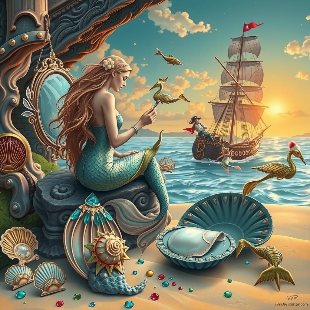 Serenely Majestic Mermaid Sits Amidst Treasure-Filled Ocean
