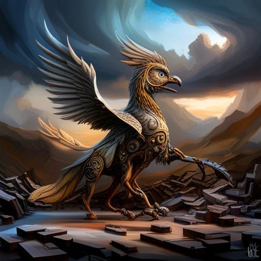 Scrap Metal Griffon Sculpture: Hyperrealistic Concept Art