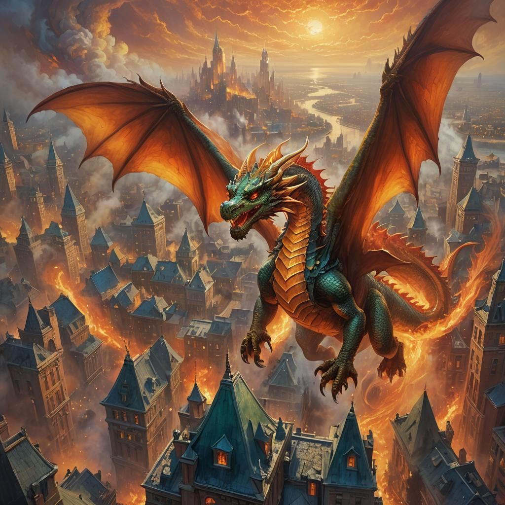 Dragon Over Burning City in Fantasy Art Style
