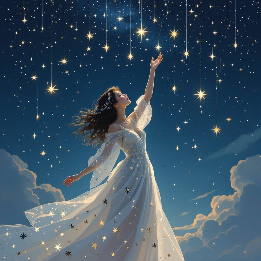 Celestial Woman Reaching for Dangling Stars