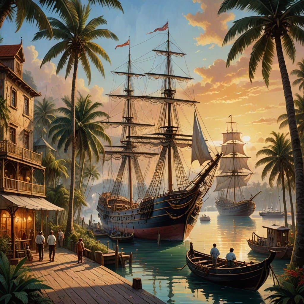 Bustling Exotic Port Scene in Vibrant Oil Painting Style