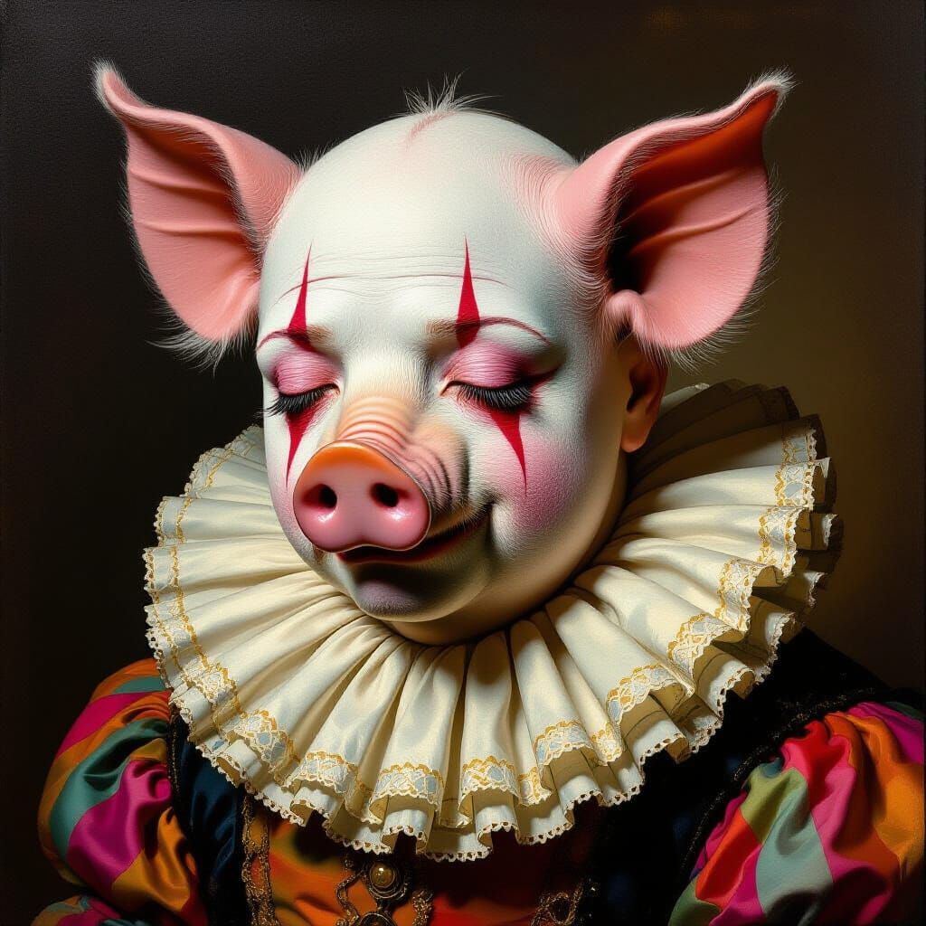 Melancholy Pig-Faced Pierrot in Chiaroscuro Oil Painting Sty...