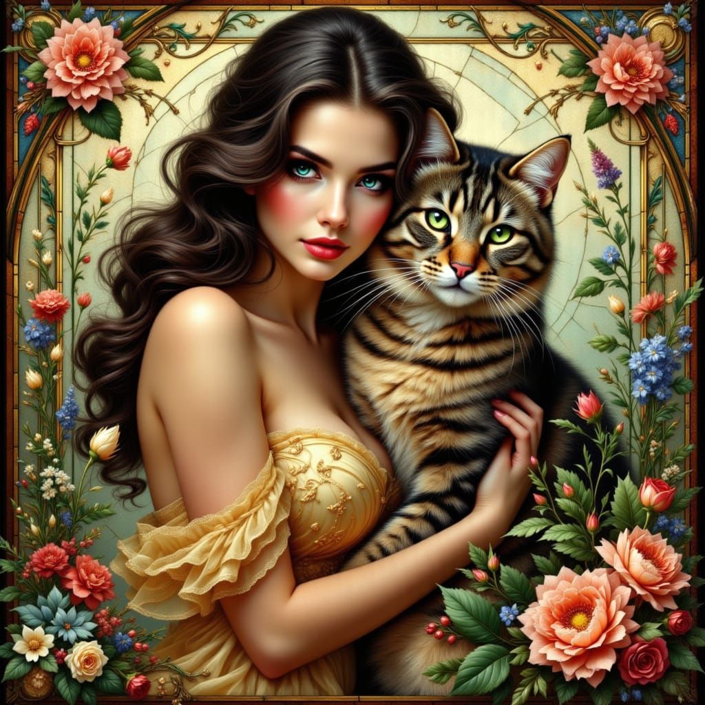 Pin-Up Woman and Cat in Stained Glass Garden