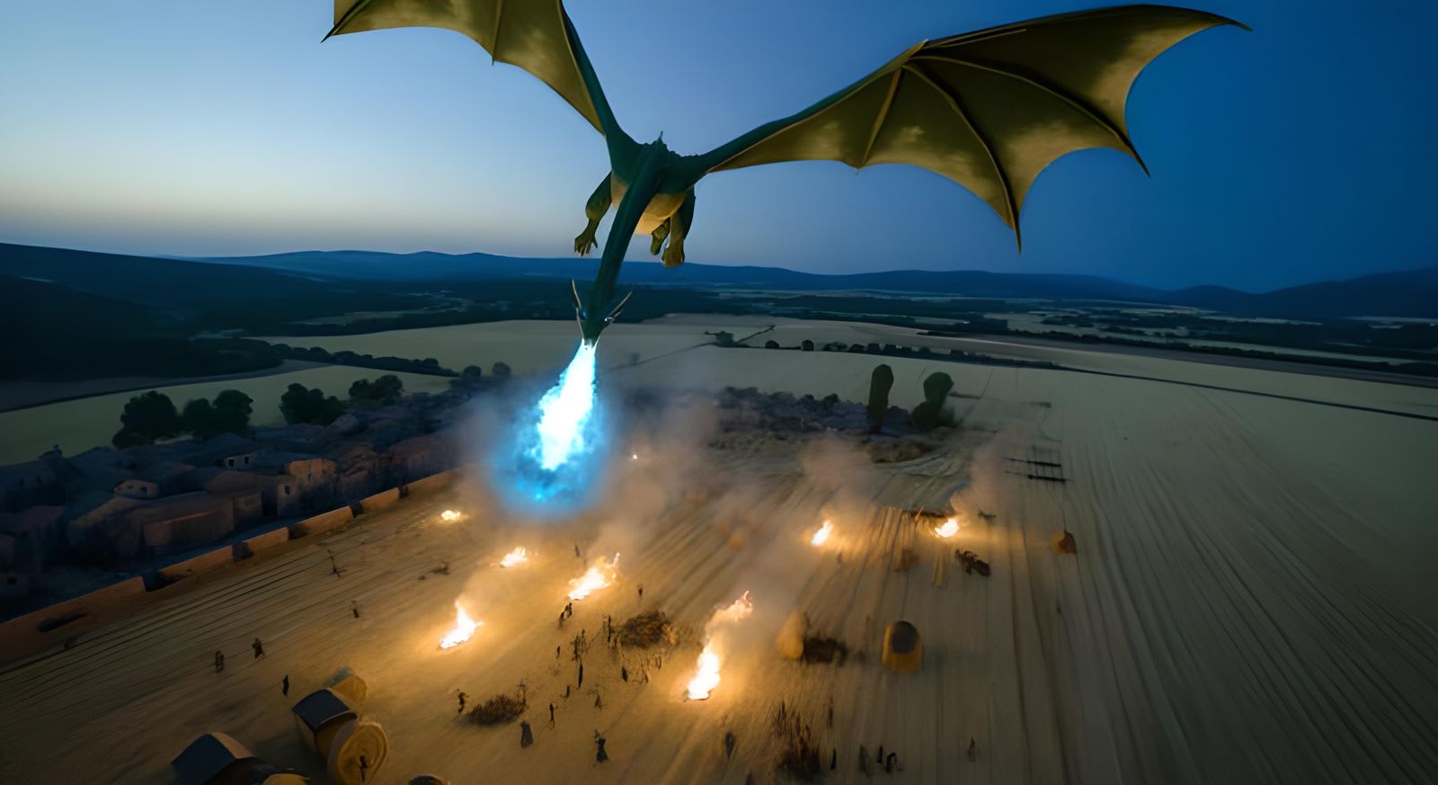Medieval Dragon Dives Amidst Burning Farmland
