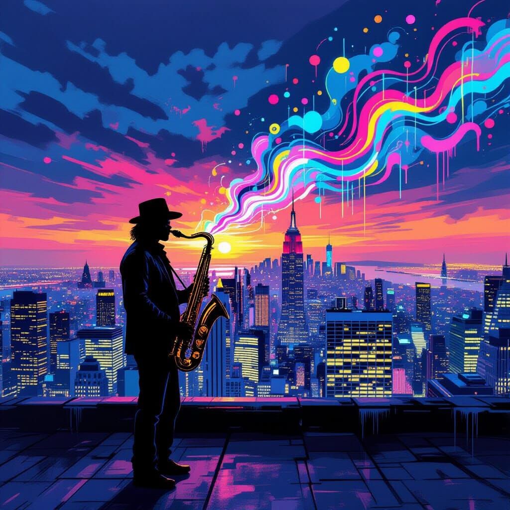Neon City Saxophonist in Urban Street Art Style