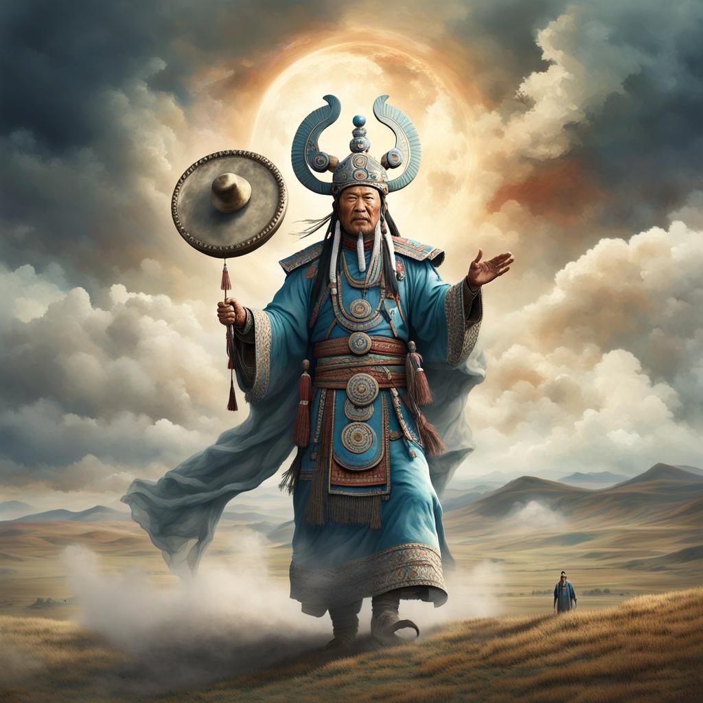 Mongolian Shaman in Steppe Reaching for Sun