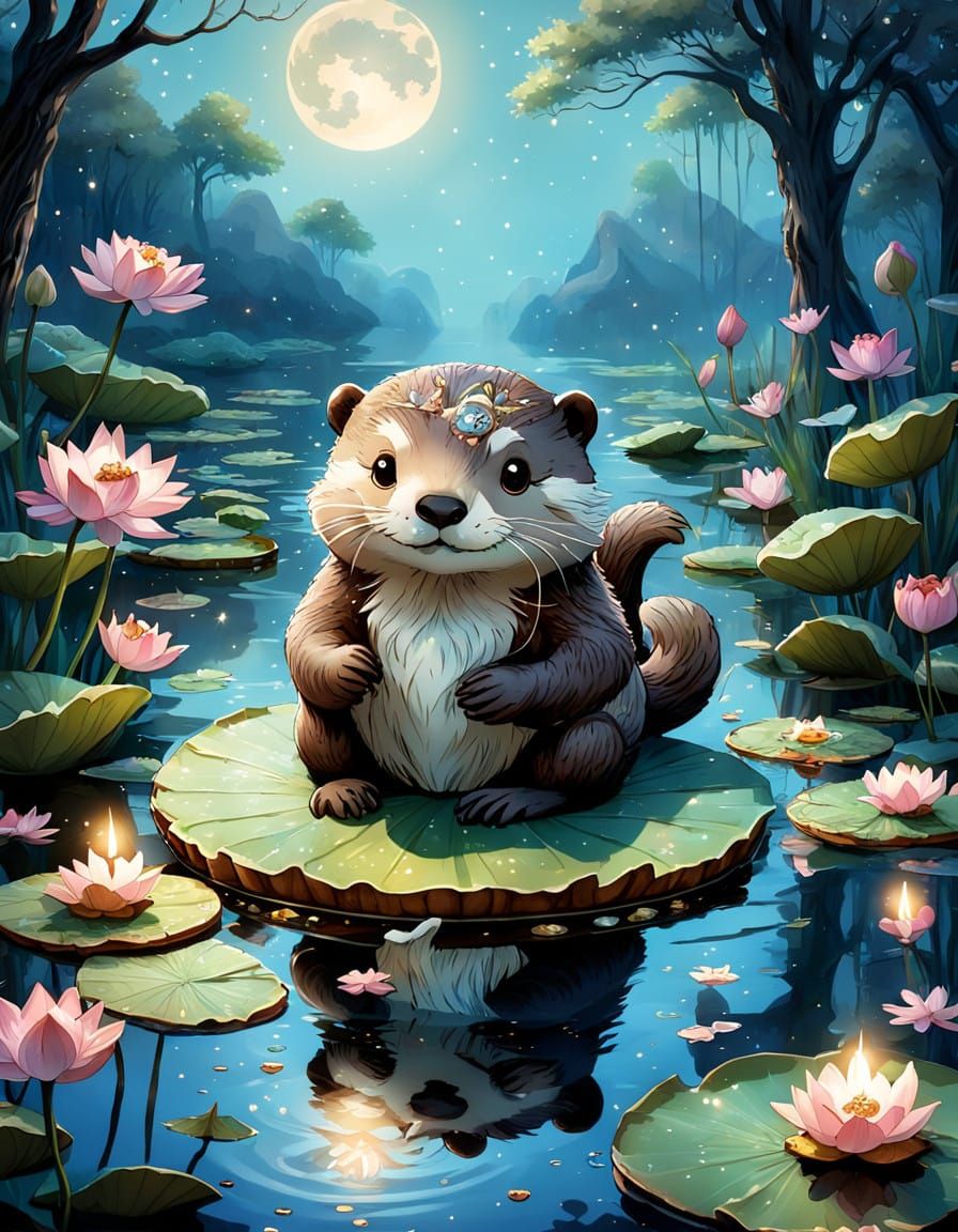 Whimsical Moonlit Tea Party on a Serene Pond