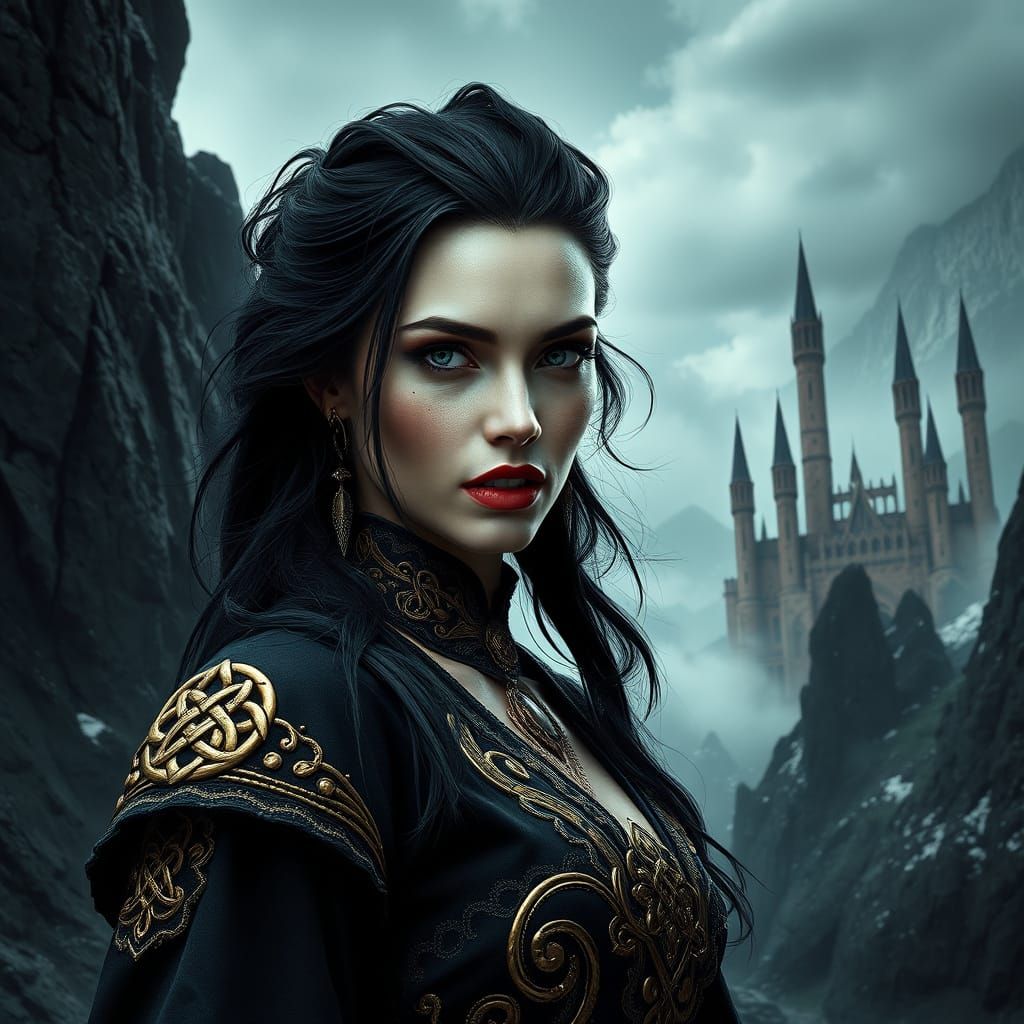 Cinematic Vampire Goddess in Towered City