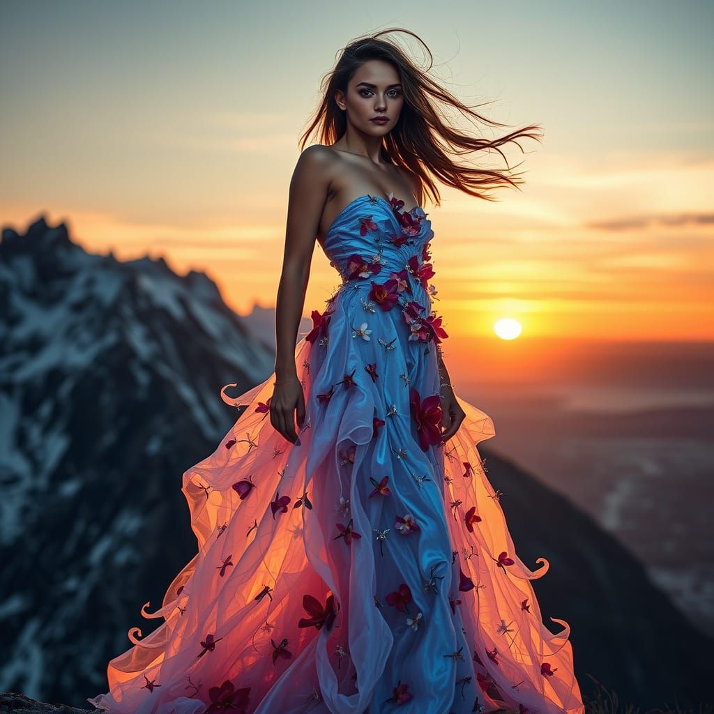 Ethereal Fashion Goddess on a Snow-Capped Mountain in a Cybe...