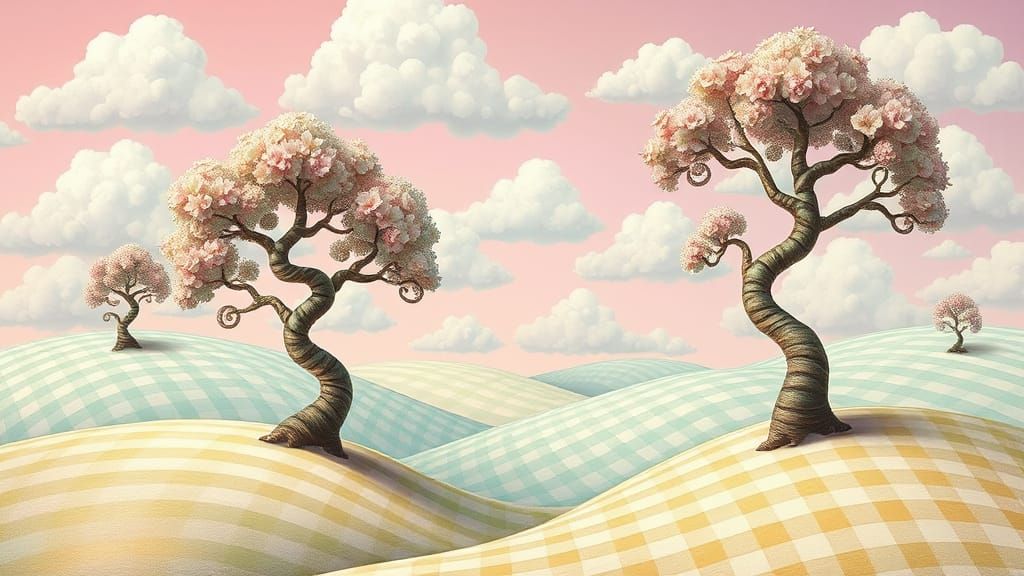 Dreamy Gingham Landscape with Twisted Trees