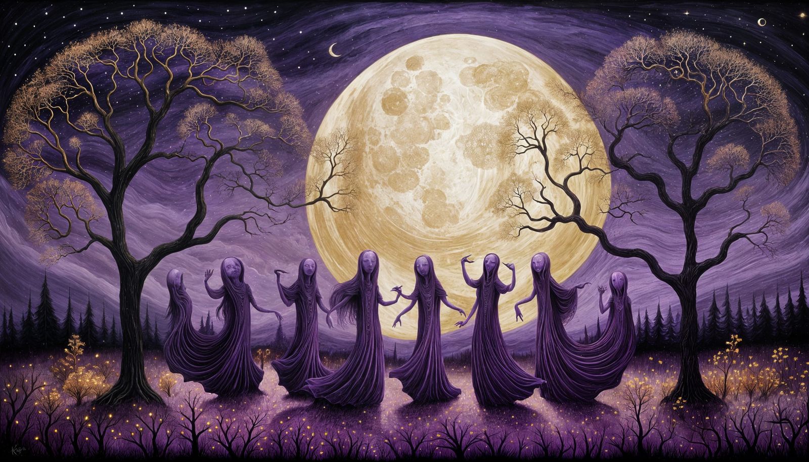 Iridescent Ghosts Dancing in Purple Moonlight