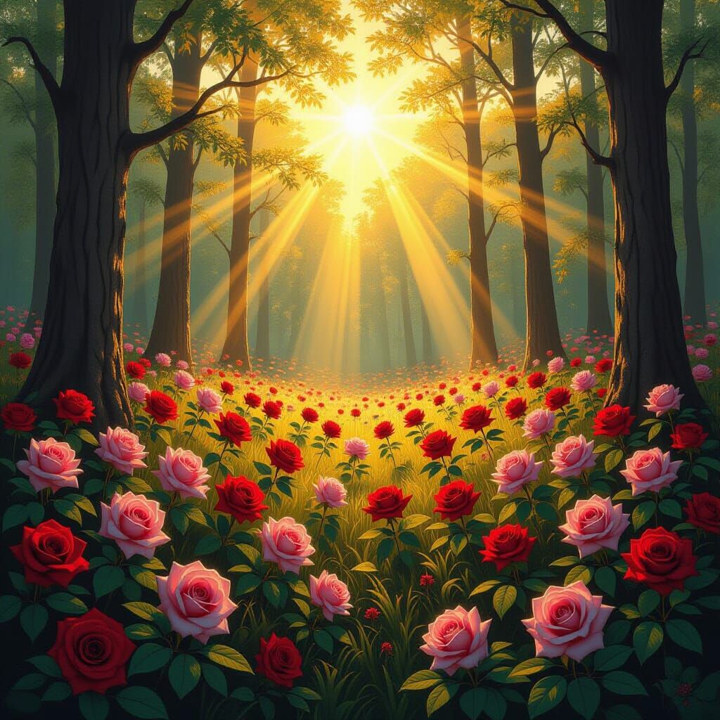 Roses Engulf Earth in Dreamy Forest Landscape