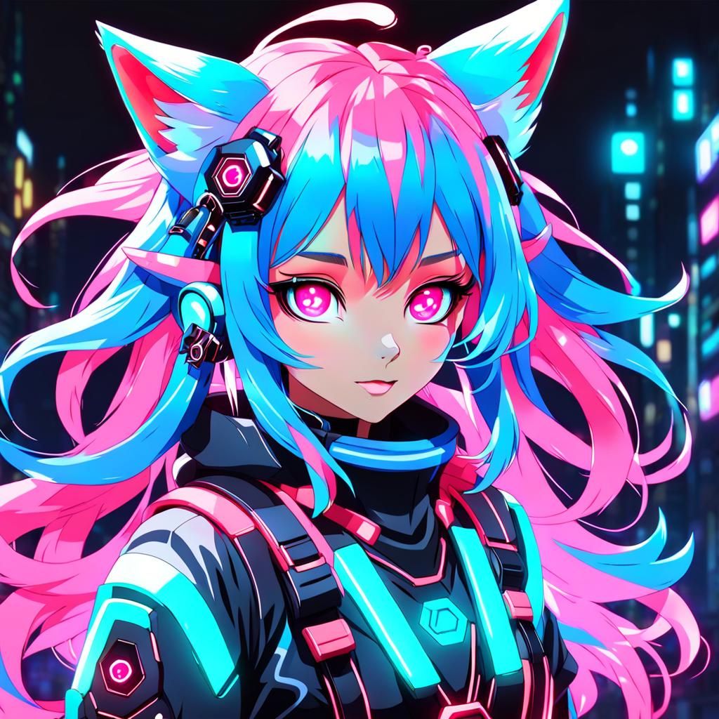 Fox Anime Girl with Neon Hair and Futuristic Accessories