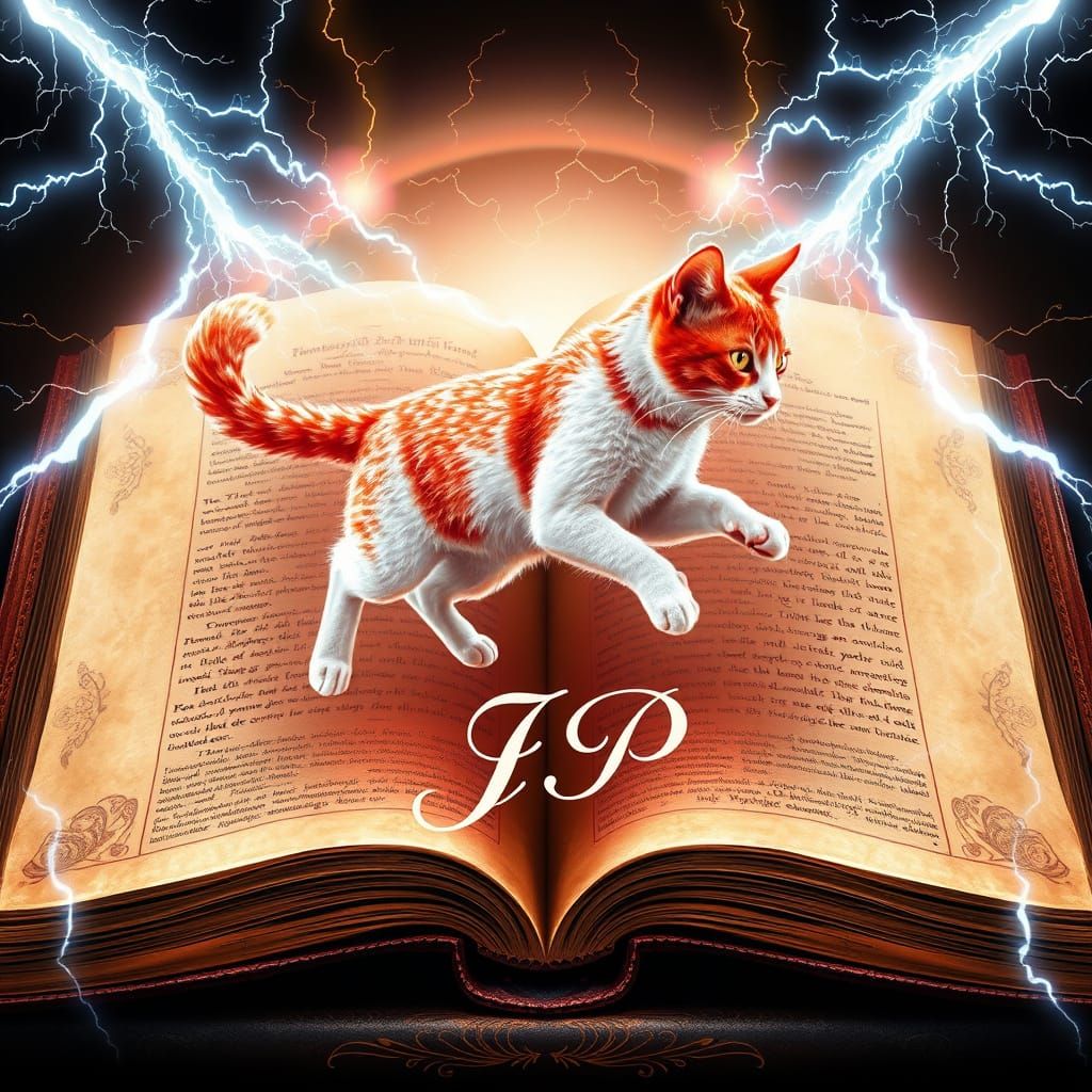 Majestic Book with Holographic Crimson and White Cat in Mid-...