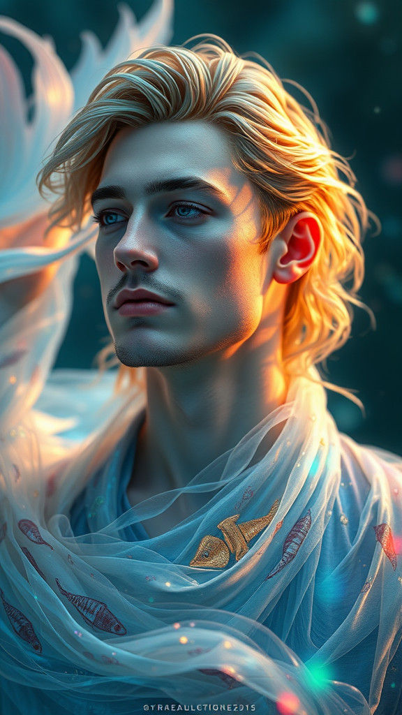 Ethereal Pisces Man in Flowing Iridescent Attire